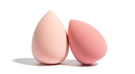 Soft pink cosmetic sponges standing on white background. Beauty blender tools for flawless makeup application and skincare routines