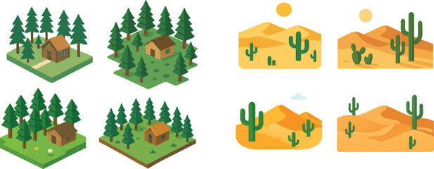 Fototapeta premium Isometric Forest Cabins and Desert Landscapes.