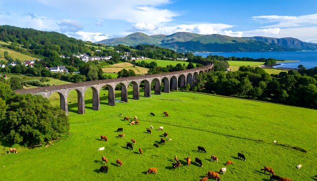 Scenic viaduct over green fields, with cows and a village
