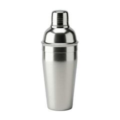 A classic brushed stainless steel three-piece cocktail shaker, sleek and cylindrical with soft reflections, perfectly centered on a seamless transparent background with no shadows, pristine product