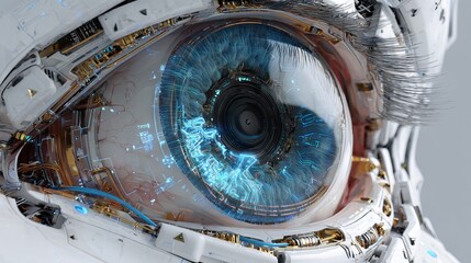 Stunning macro view of a futuristic cyborg eye, showcasing intricate mechanical detail and glowing blue circuitry for advanced vision
