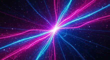Abstract image of glowing pink and blue light streaks radiating from a central point, resembling cosmic energy or a vibrant nebula, ideal for technology or fantasy themes
