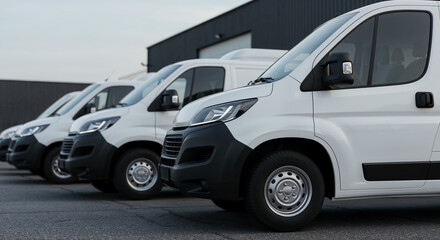 Close-up of a row of white delivery vans parked outdoors with soft, diffused lighting.