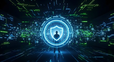 A digital silhouette stands within a glowing shield, representing online security and protection.