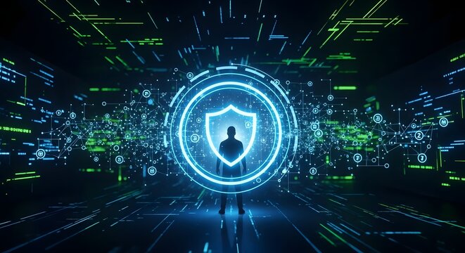 A digital silhouette stands within a glowing shield, representing online security and protection.