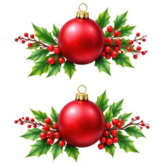 Festive Red Christmas Ornaments with Holly and Berries Decoration