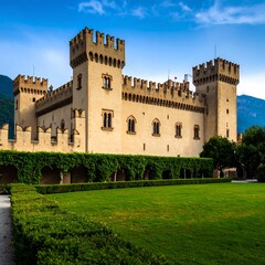 Fototapeta premium Ancient stone castle, manicured gardens, mountain backdrop
