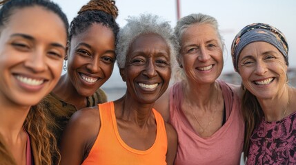 Fototapeta premium happy multi generational women having fun together multiracial friends smiling on camera after sport workout outdoor main focus on african female face no logos no brands ar 169