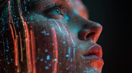 Stunning digital portrait captures futuristic cybernetic human experience with glowing data streams across face