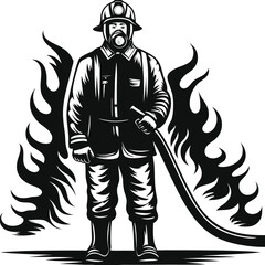 Brave Firefighter Surrounded by Flames Silhouette Illustration Bold and Heroic Depiction