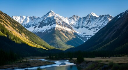 A serene mountain valley with snow-capped peaks and a winding river.