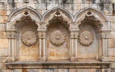 Obraz premium Intricate Stone Carving Architectural Detail, Medieval Archways, Ancient Wall