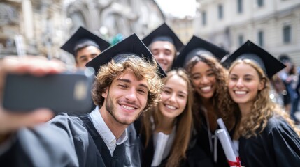 education graduation technology and people concept  group of happy international students in mortar boards and bachelor gowns with diplomas taking selfie by smartphone outdoors no logos no brands ar 
