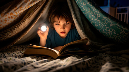 Child reads in a blanket fort at night with a flashlight, creating a cozy scene.