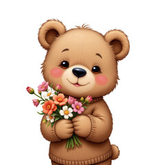 Naklejka premium Cute Bear Holding Colorful Flowers in a Warm and Playful Setting