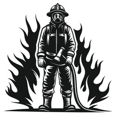 Obraz premium Brave Firefighter Surrounded by Flames Silhouette Illustration Bold and Heroic Depiction