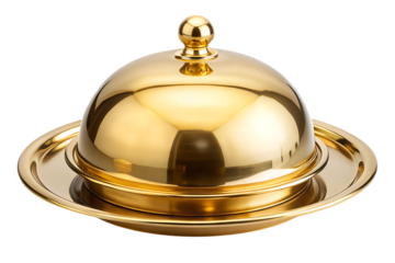 Gold serving dome and tray - isolated on white background png ai generated