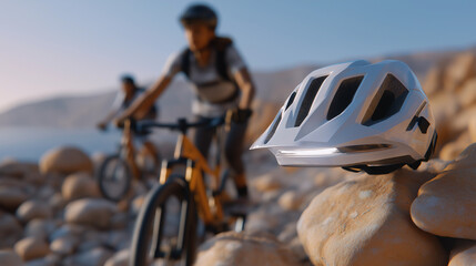 Couple Biking in Summer with Helmet and Trail Features