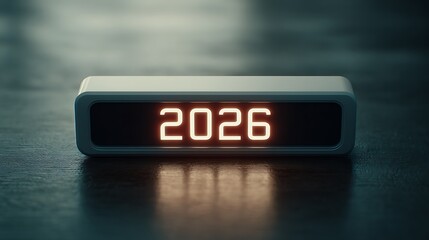 A digital clock displaying the year twenty twenty six with a reflective surface underneath it