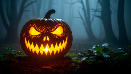 Glowing jack-o'-lantern with sinister grin illuminates a dark forest in spooky Halloween scene.