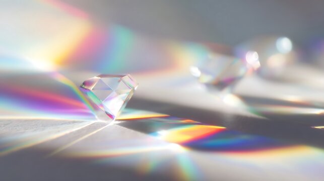 A close up of a diamond reflecting light with rainbow colors on a white surface in soft focus