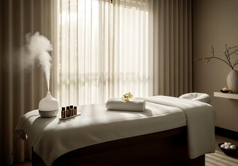 Relaxing spa room with massage table, essential oils diffuser, and soft lighting. Tranquil wellness environment for therapy and serene moments.