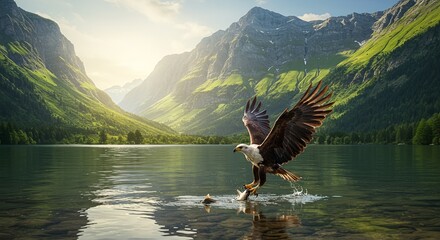 A fisher eagle is hunting fish from a lake, ultra realistic, sunny day, mountains and forest at the background, Generative AI