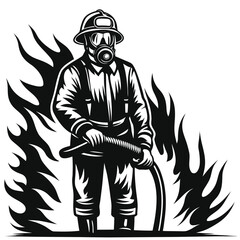 Brave Firefighter Surrounded by Flames Silhouette Illustration Bold and Heroic Depiction