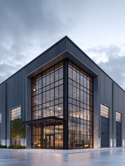 Fototapeta premium sleek steel exterior of modern warehouse office building generative ai