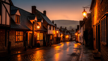 Charming village street at twilight, glowing lamps reflecting off wet cobblestone road.
