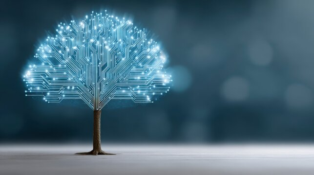 Luminous WiFi-inspired tree with binary leaves and circuit roots representing digital connectivity in a vibrant tech environment