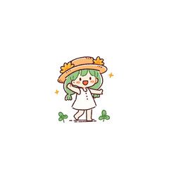 デフォルメ、麦わら帽子をかぶった緑髪の女の子のかわいいイラスト、アイコン、素材、背景なし
