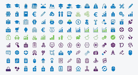 Fototapeta premium Vector illustration of collection of blue and green business and education icons isolated on white background