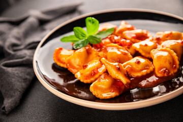 Ravioli beef tomato sauce second course fresh delicious gourmet food background on the table rustic food top view copy space