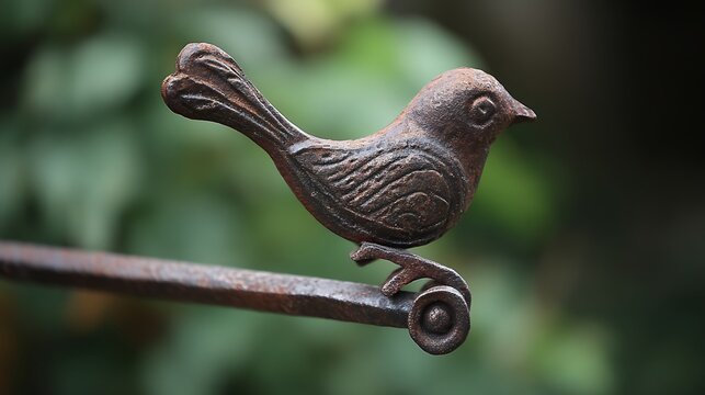Rustic charm with vintage metal bird ornament perched peacefully, evoking nostalgia and nature's simple beauty in a garden setting