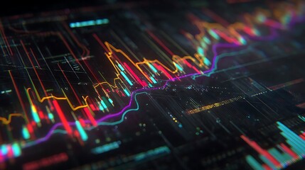 Abstract financial data visualization with colorful lines and geometric patterns displayed on screen
