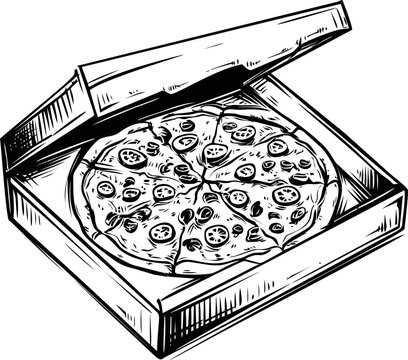 Monochrome sketch of pizza with toppings inside an open box, detailed illustration. Vector illustration