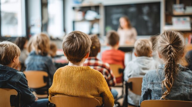 education elementary school learning and people concept  group of school kids sitting and listening to teacher in classroom from back no logos no brands ar 169
