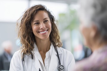 a female doctor smiling while talking to a senior patient in a bright clinic room, wearing a white coat and stethoscope, warm and professional environment