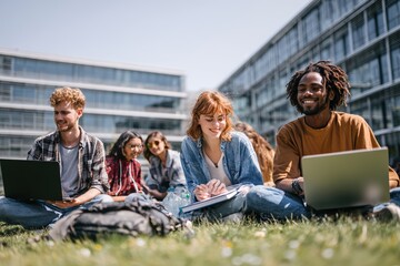 a group of university students sitting on grass outside campus buildings, studying with laptops and notebooks, relaxed and collaborative study session