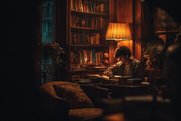 college student studying in a cozy library corner, surrounded by books and warm lighting, warm tones, cinematic style
