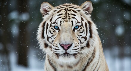 A close up of a white tiger with blue eyes in a snowy environment
