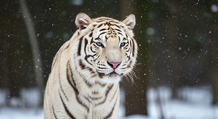 A white tiger standing in the snow with a blurred forest background