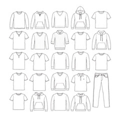 Collection of clothing items and pants sketches isolated on transparent background