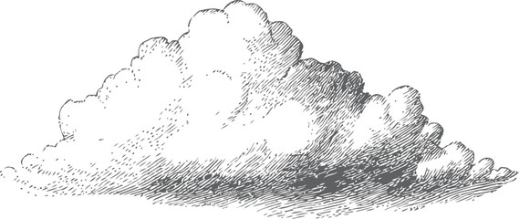 Cloud illustration in vintage stippling style, detailed black and white sketch. Vector illustration