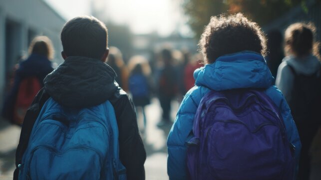 Elementary school students walking to school with backpacks