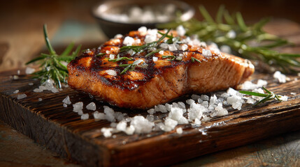 Grilled salmon fillet with rosemary and coarse sea salt on rustic wooden board