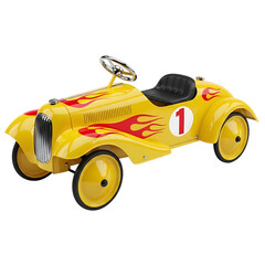 Yellow vintage toy race car with flame design isolated on transparent background