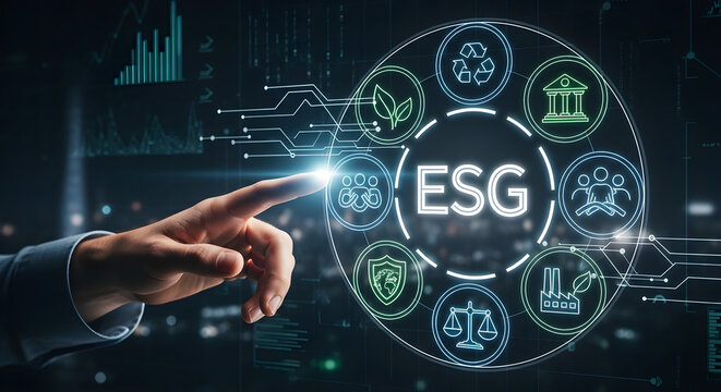 High-Tech ESG Dashboard Visualization with Environmental, Social, and Governance Symbols, perfect for websites, ESG analytics platforms, or digital transformation campaigns