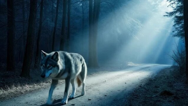 A lone wolf walks down a forest path, lit by a single beam of moonlight.